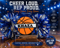 Custom personalized 3D printed basketball cheer stick with name KHAZA and blue pom poms