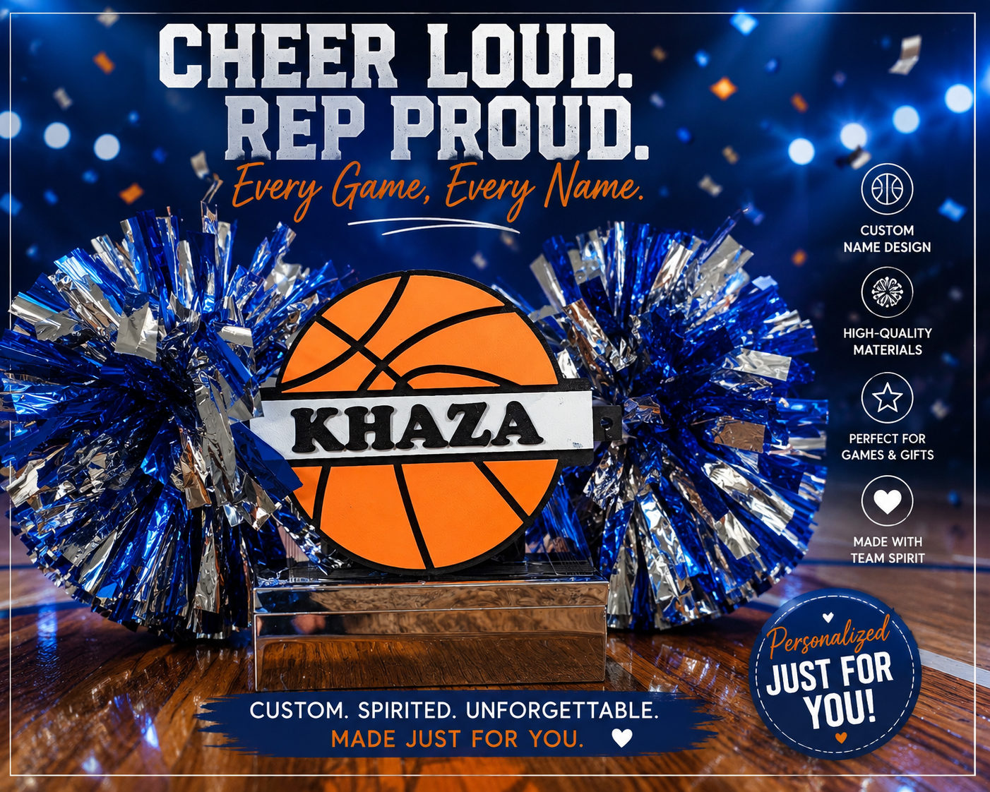 Custom personalized 3D printed basketball cheer stick with name KHAZA and blue pom poms