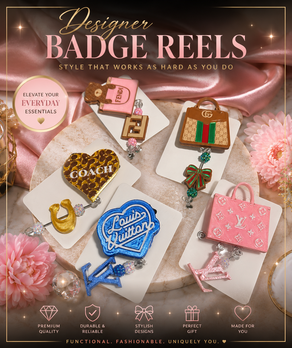 Designer inspired badge reels featuring Coach, Gucci, Louis Vuitton and Fendi styles