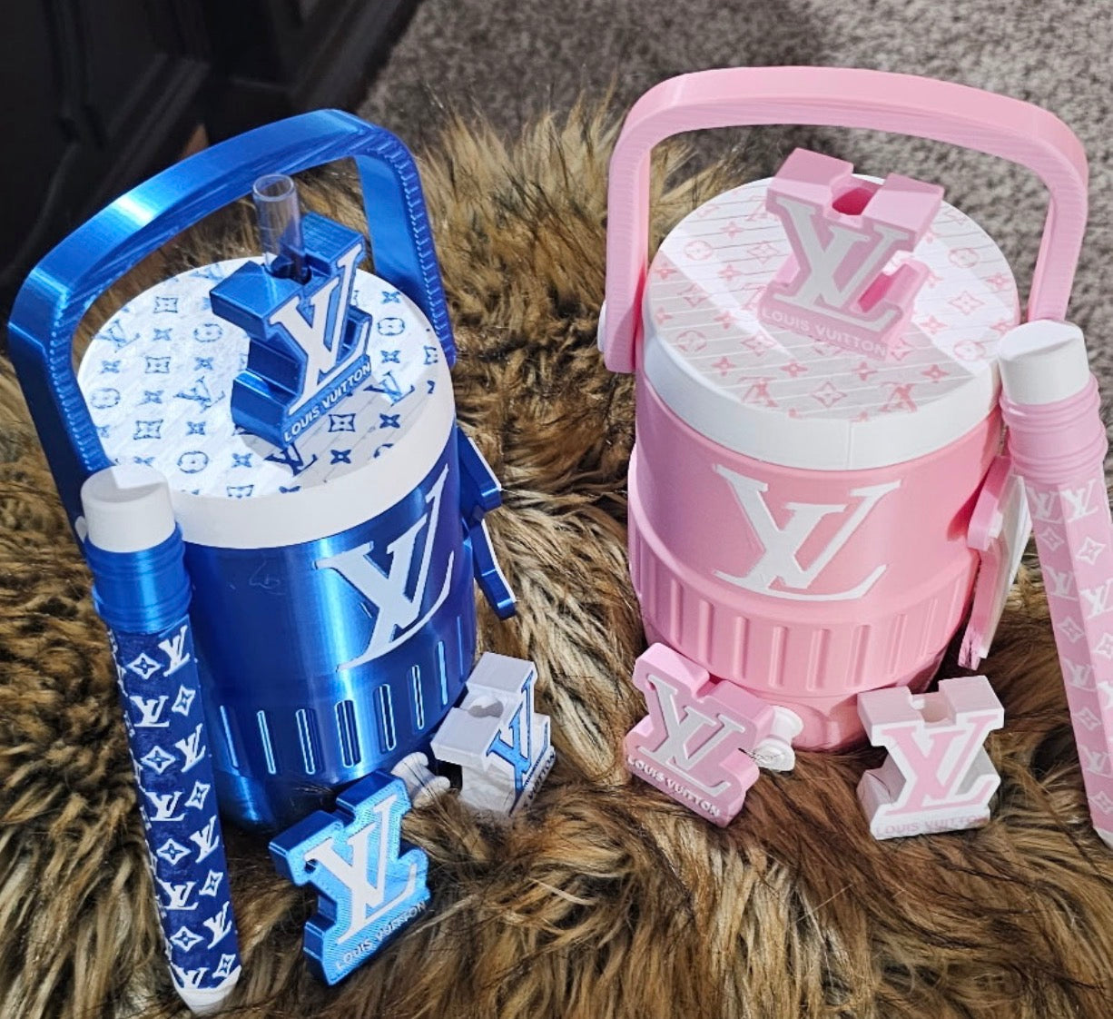 Blue and pink luxury designer-inspired 3D printed koozie cups